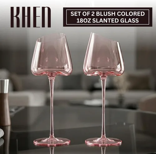Vista 2 de Khen Copas de vino rosa, regalo Juego de 2 Cristalería inclinada de 18 onzas color rubor rosa, vidrio de tallo alto, regalos para esposa, novia
