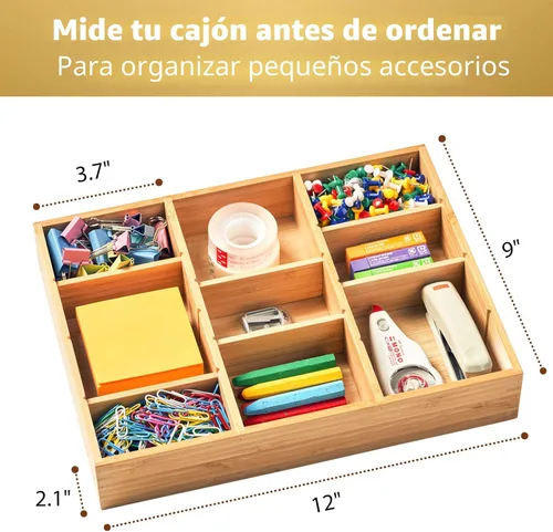 Vista 3 de Organizador de cajones de escritorio, bandeja organizadora de madera de bambú con compartimentos ajustables, accesorios de escritorio de oficina