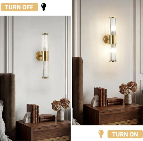 Vista 9 de Lámpara de tocador moderna de latón cepillado, 1 unidad, aplique de pared de doble varilla de vidrio para baño, base de candelabro E12 de doble