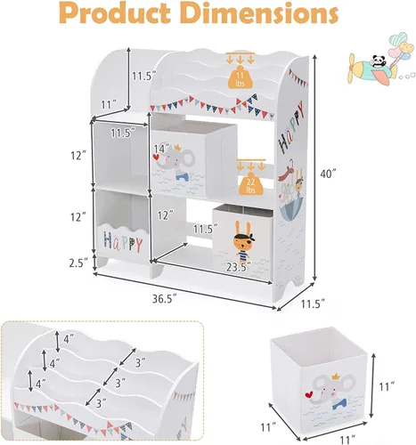 Vista 3 de HONEY JOY Organizador de almacenamiento de juguetes para niños, unidad de almacenamiento de madera con 2 cajas, estantería de exhibición para niños