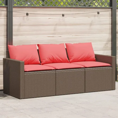 Vista 2 de Patio Sofa 3-Seater Brown Poly Rattan with Cushions Brown and Red