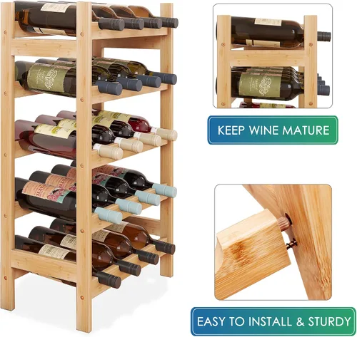 Vista 6 de SMIBUY Estante de bambú para vino, soporte para 20 botellas, estantes de almacenamiento independientes de 5 niveles para cocina, despensa, bodega