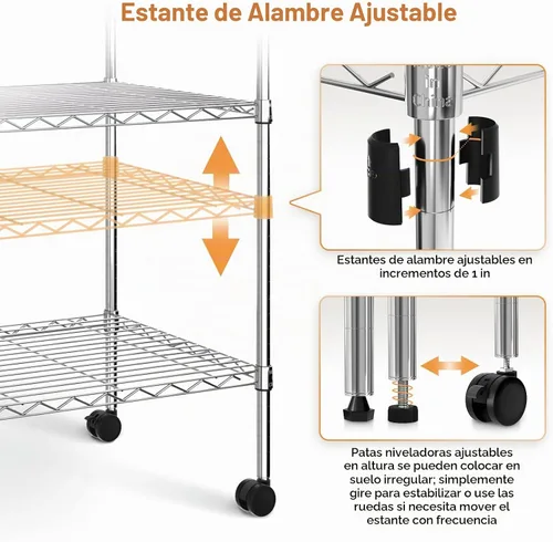 Vista 6 de YSSOA - Estantería de almacenamiento resistente de 4 niveles, cromada, 35 pulgadas de largo x 17.7 pulgadas de ancho x 61 pulgadas de alto Cromo