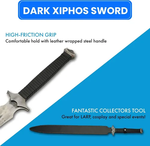 Vista 4 de SZCO espada Xiphos oscura de 37” – Espada medieval réplica de doble filo completa con vaina de cuero, hoja de acero con manganeso, mango envuelto