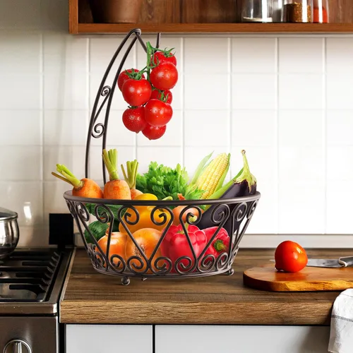 Vista 4 de SimpleHouseware Canasta de frutas con colgador de árbol de plátano, de color bronce