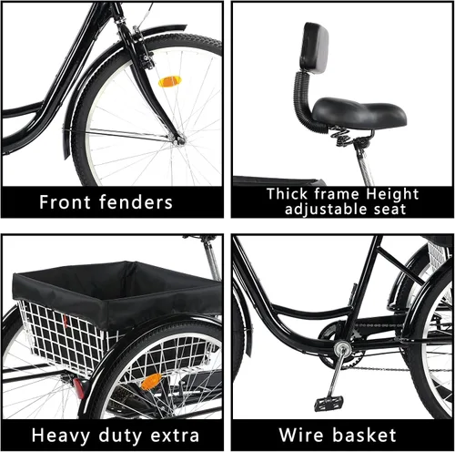 Vista 3 de Triciclo para adultos de 7 velocidades y 3 ruedas, bicicleta de 24 pulgadas con 3 ruedas para personas mayores, mujeres, hombres, crucero con cesta