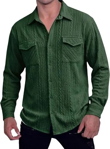 Vista 21 de Camisas con botones para hombre, casual, de manga larga, con cuello jacquard, texturizada, ligera, sobrecamisa, sobrecamisa