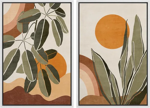 Vista 56 de IDEA4WALL Lienzo Enmarcado Impreso Arte de Pared Set Paisaje de Hojas de Palma de Selva de Mediados de Siglo Naturaleza Silvestre Ilustraciones Arte