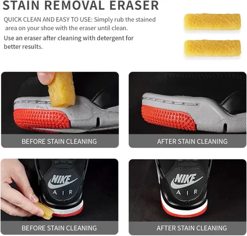 Vista 4 de HuanRanYo Kit de limpieza de zapatillas Limpiador de zapatos premium de 4 onzas, 2 cepillos y dos borradores Seguro en todas las telas. Adecuado