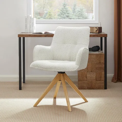 Vista 14 de Zouron Silla de escritorio giratoria sin ruedas, silla de oficina tapizada con patas de madera de roble, sillón moderno para espacios pequeños