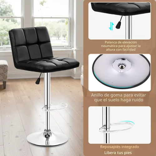 Vista 7 de BestOffice Juego de 2 taburetes de bar ajustables de piel sintética, taburetes de mostrador modernos con respaldo y reposapiés, taburetes de bar