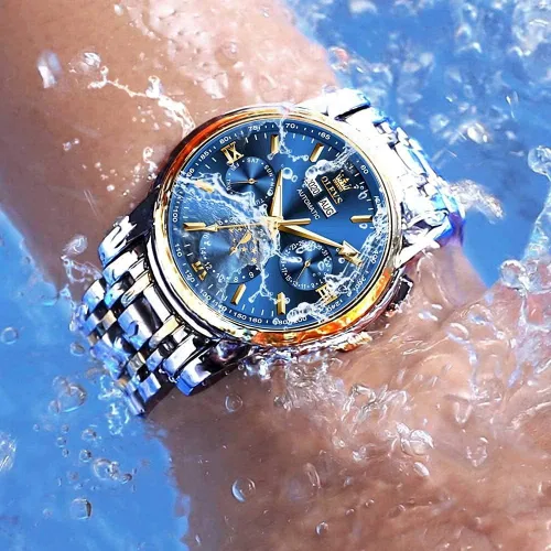 Vista 5 de OLEVS Reloj automático para hombre mecánico de cuerda automática reloj de pulsera clásico de acero inoxidable fecha impermeable puntero luminoso