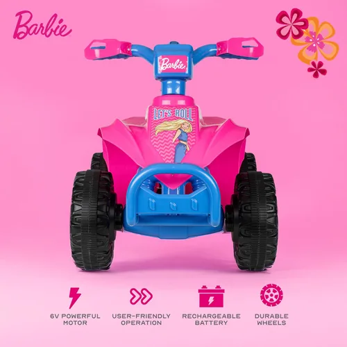 Vista 2 de Barbie - Cuadriciclo 6V para niños, juguete de montar potente y seguro con batería recargable, conducción hacia adelante y hacia atrás, capacidad