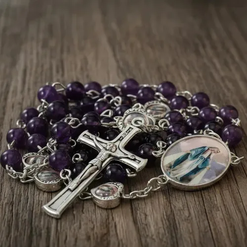 Vista 3 de Nazareth Store Cuentas de piedra natural con corazón de epoxi milagroso, cuentas de metal, collar de rosario, regalos cristianos de piedras preciosas