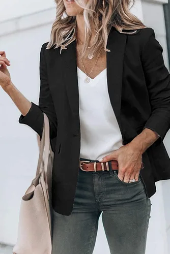 Vista 2 de Chaquetas casuales para mujer, con frente abierto, manga larga, botones, trabajo, oficina, con bolsillos