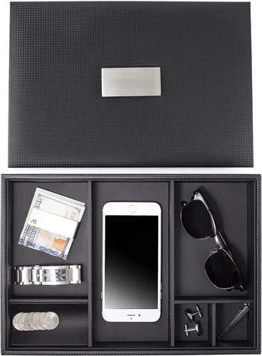 Vista 3 de Glenor Co Bandeja de valet para hombre, organizador de aparador y tapa, caja de accesorios de joyería de lujo con 6 ranuras, diseño de fibra