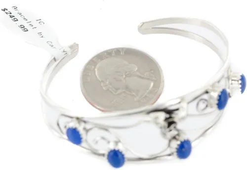 Vista 3 de $250Tag Certificado Navajo Natural Lapislázuli Pulsera Nativa Americana 12946-1 Hecho por Loma Siiva, Metal Piedra, Lapislázuli