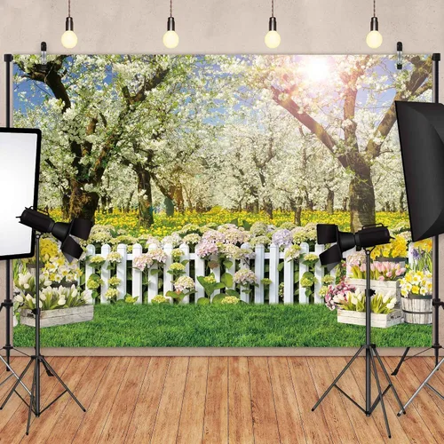 Vista 3 de Telón de fondo de primavera de poliéster de 8 x 6 pies, paisaje natural, árbol de bosque, fondo de fotografía para niños, cumpleaños, boda, baby