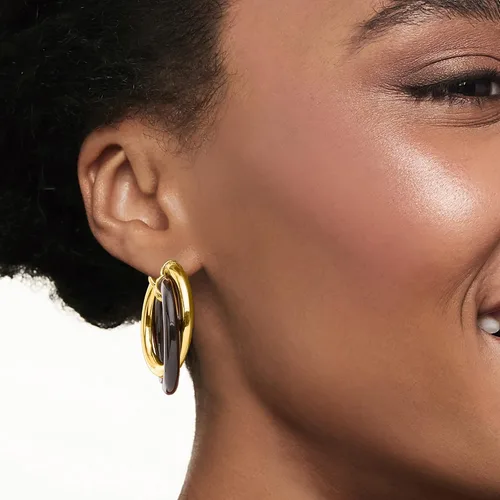 Vista 2 de Ross-Simons Andiamo - Pendientes de aro de oro amarillo y ónix negro de 14 quilates, Gema, multi Ónix Diamante