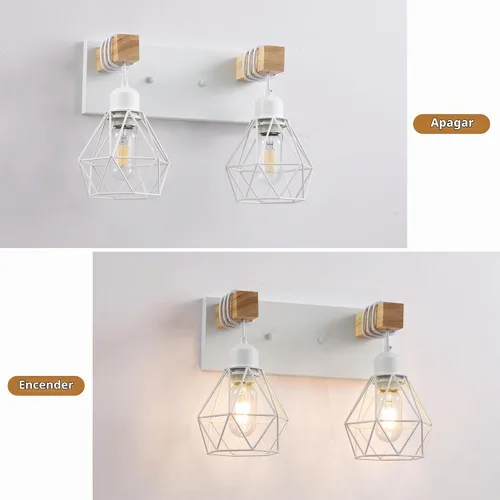 Vista 7 de Lámparas blancas para tocador de baño, luminarias de baño de madera de 2 luces sobre el espejo, apliques rústicos de pared con elegante pantalla