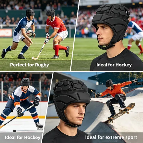 Vista 4 de Casco de rugby ajustable, suave acolchado para fútbol, gorra británica anticolisión con correa para la barbilla, protector de cabeza de fútbol, Negro