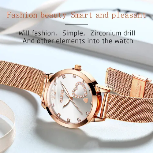 Vista 4 de OLEVS Relojes de oro rosa para mujer movimiento de cuarzo japonés con diamantes de corazón para niñas reloj de pulsera con correa de malla