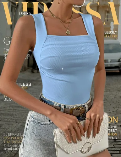 Vista 4 de VIDUSSA Blusa corta sin mangas con cuello cuadrado para mujer, estilo casual, básica, sin mangas, fruncida