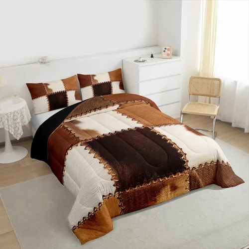 Vista 3 de Juegos de ropa de cama de piel de vaca con patchwork, edredón con estampado de piel de vaca, juego de edredón de animales de granja para niños