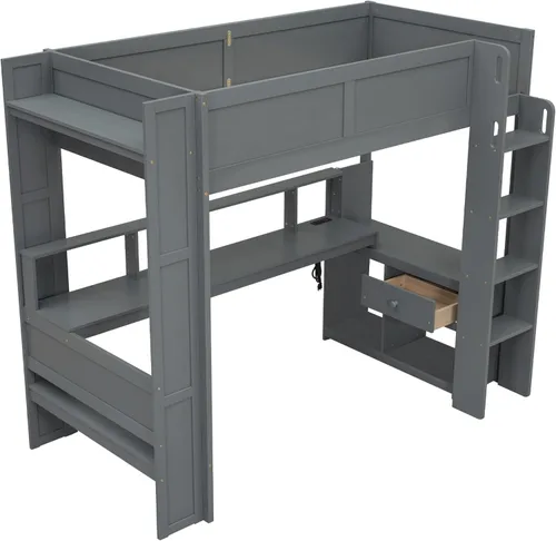 Vista 8 de Polibi Cama loft de tamaño individual para juegos con escritorio, LED y estación de carga, marco de cama loft de madera con estantes