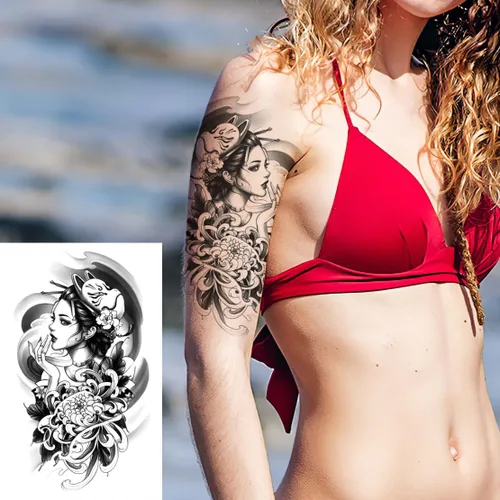 Vista 5 de 6 hojas de brazo falso impermeable cuerpo arte temporal tatuajes pegatinas negro japonés geisha samurai mujeres flor loto