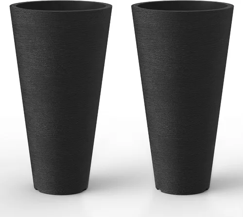 Vista 10 de Kante Juego de 2 Macetas Redondas Altas, Macetas Decorativas de 13 Pulgadas de Alto para Exterior Interior Jardín Patio Porche Delantero (Negro)