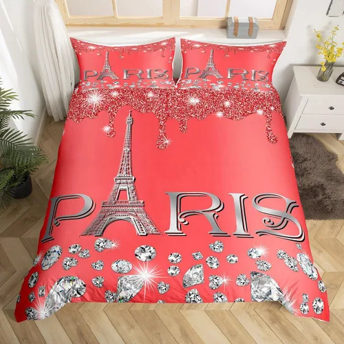 Vista 13 de Erosebridal Funda de edredón de la Torre Eiffel para niñas, juego de ropa de cama romántica de París azul, negro y blanco, funda de edredón