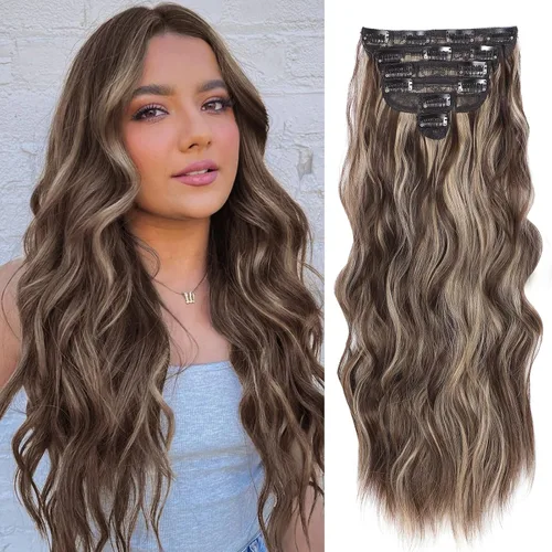 Vista 39 de NAYOO - Extensiones de cabello con clip, extensiones sintéticas onduladas de 20 pulgadas, 6 unidades Wavy Curly Hair, Full Head Coverage, Heat
