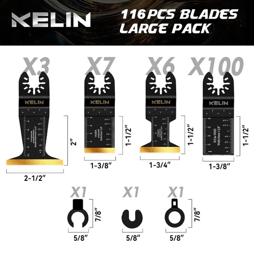 Vista 6 de KELIN Kit de 116 cuchillas oscilantes multiherramienta, 4 tipos de hojas de sierra de titanio para madera, metal, paneles de yeso, tuberías, se