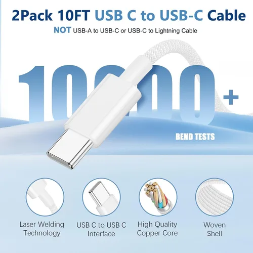Vista 3 de Cargador de carga rápida para iPhone 17, 16, 15, paquete de 2 cables de carga rápida USB C a C de 10 pies, cable de carga rápida de 20 W, bloque