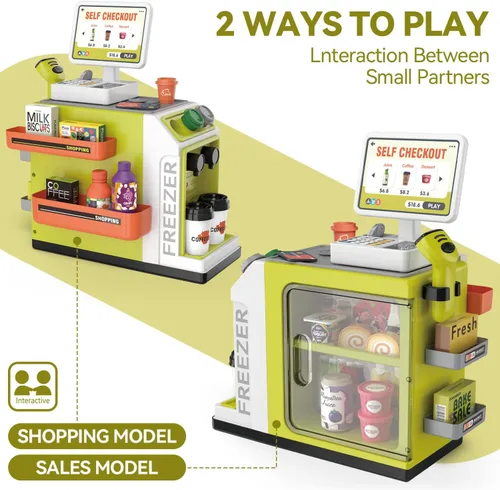 Vista 2 de Juego de caja registradora para niños – 48 piezas de dinero de simulación, calculadora, escáner, tarjeta de crédito y comida de juego para niños