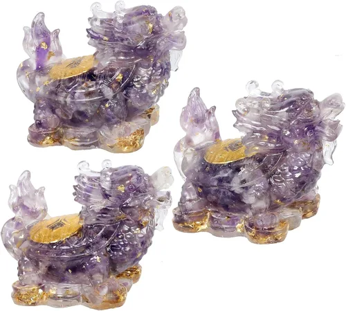 Vista 4 de SUNYIK Paquete de 2 estatuas de tortuga de dragón de cristal de resina, piedra curativa de tortuga de dragón Feng Shui, decoración para el hogar