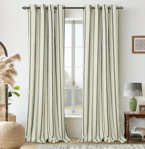 Vista 53 de DriftAway, cortinas de mezcla de lino estilo granja 100% opacas de 63 pulgadas de largo para dormitorio, cortinas de lino con rayas verticales