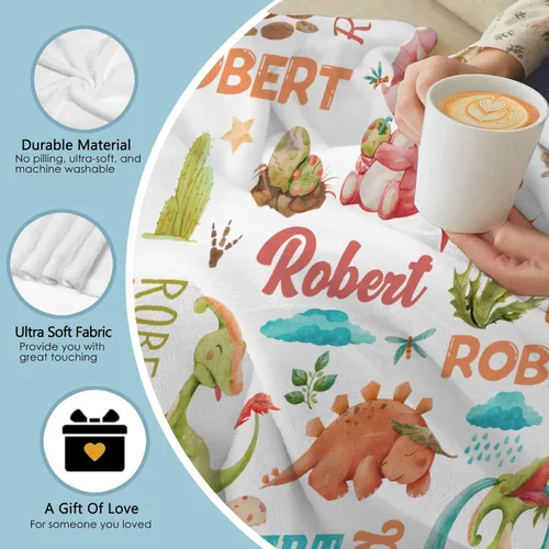 Vista 46 de Manta de regalo personalizada de dinosaurio con nombre para niñas, niños, recién nacidos, dinosaurio, manta personalizada para envolver al bebé