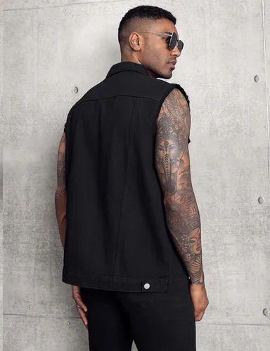 Vista 6 de LONGBIDA Chaleco de mezclilla para hombre, sin mangas, rasgado, ajustado, chaqueta de mezclilla desgastada