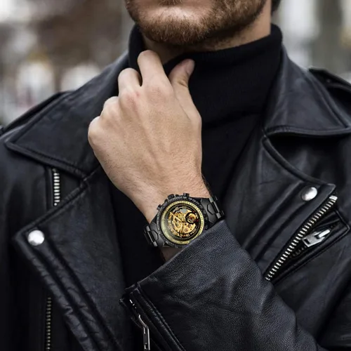 Vista 6 de IK COLOURING Reloj de pulsera mecánico de acero inoxidable con diseño steampunk, de cuerda automática con números romanos, Mecánico, cuerda