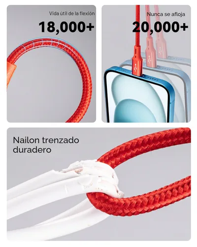 Vista 4 de Paquete de 2 cables de carga múltiple, 3 en 1, retráctil, cable de carga rápida, cargador USB C con Lightning/Micro/Tipo C para iPhone, iPad, Rojo