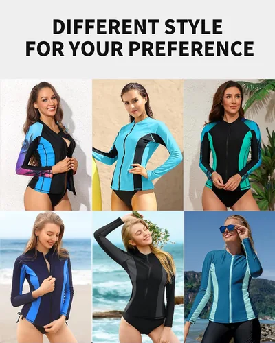 Vista 9 de ATTRACO Rashguard o Camiseta de surf para mujer con cremallera frontal, protección solar UPF 50+