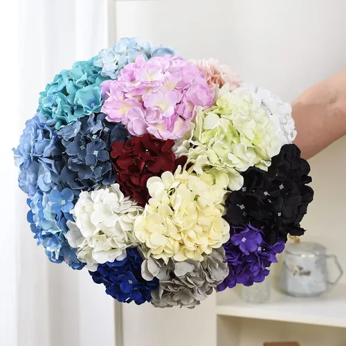 Vista 7 de 10 cabezas de hortensias de seda con tallos de flores artificiales para bodas, fiestas, decoración del hogar (negro)