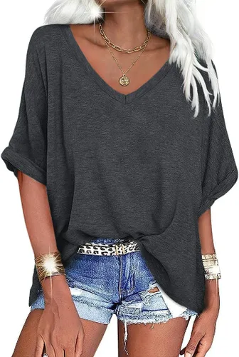 Vista 32 de UNCLECAT Camisetas de gran tamaño con cuello en V para mujer, camisas de manga corta de verano, holgadas, casuales