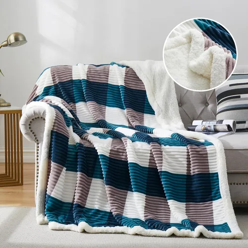Vista 20 de PU MEI Manta Sherpa Individual a Cuadros Gruesa para Cama, 60"*80" Franela Súper Suave Difusa Forro Polar Reversible Terciopelo Afelpado Manta
