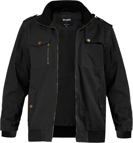 Vista 7 de Wantdo Chaqueta militar para hombre, chaqueta bomber casual, cuello alto, chaqueta de lona cortavientos