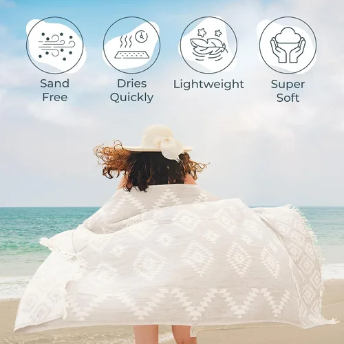 Vista 2 de Toalla de Playa Turca Premium – 100% Algodón Natural, Secado Rápido, Sin Arena, Toalla de Playa de Tamaño Grande 35"x67" – Ideal para Viajes Beige