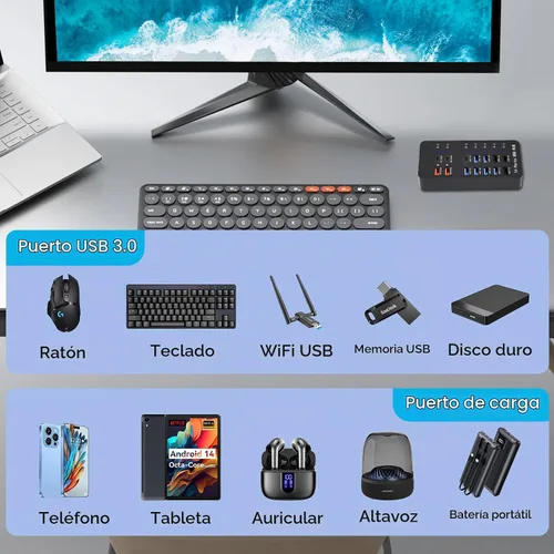 Vista 6 de Concentrador USB con alimentación, divisor USB de 14 puertos (10 puertos de transferencia de datos más rápidos + 4 puertos de carga USB inteligente)
