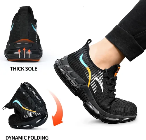 Vista 7 de BAIYIJIA Zapatos de punta de acero para hombre, zapatos de trabajo antideslizantes para construcción con amortiguación de aire, zapatos